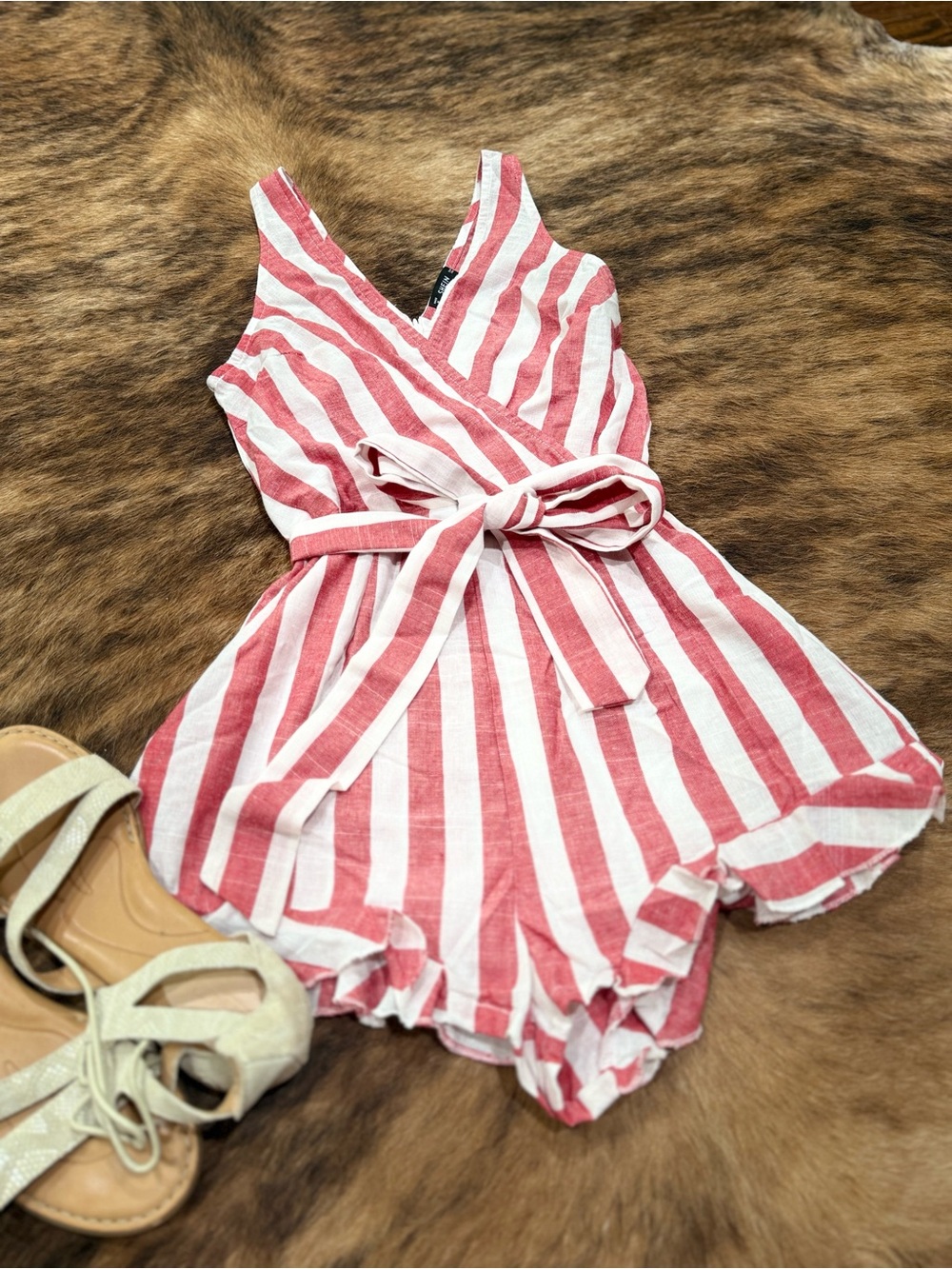 SHEIN Red and White Striped Tie-Waist Romper
